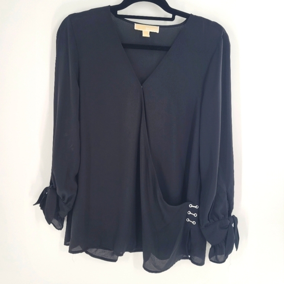 Michael Kors black long sleeves semi sheer faux wrap blouse Size L New - Picture 1 of 5